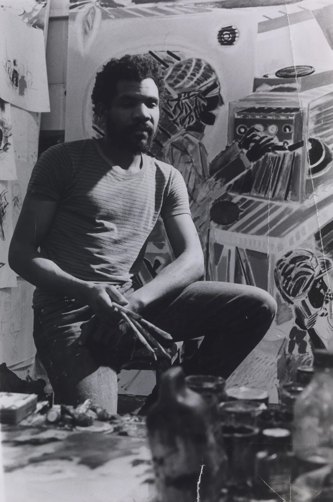 <p>Denzil Forrester in his studio at Royal College of Art, London. Photo: Michael Hunt (1983)</p>
